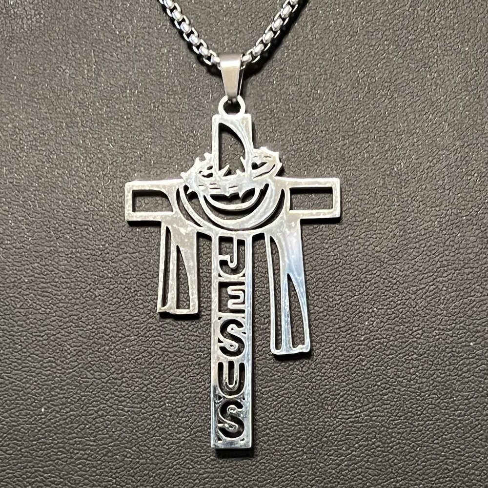 2" Stainless Steel JESUS Cross Pendant/26" St. Steel Chain (297)